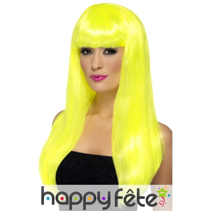 Longue perruque lisse jaune fluo avec frange