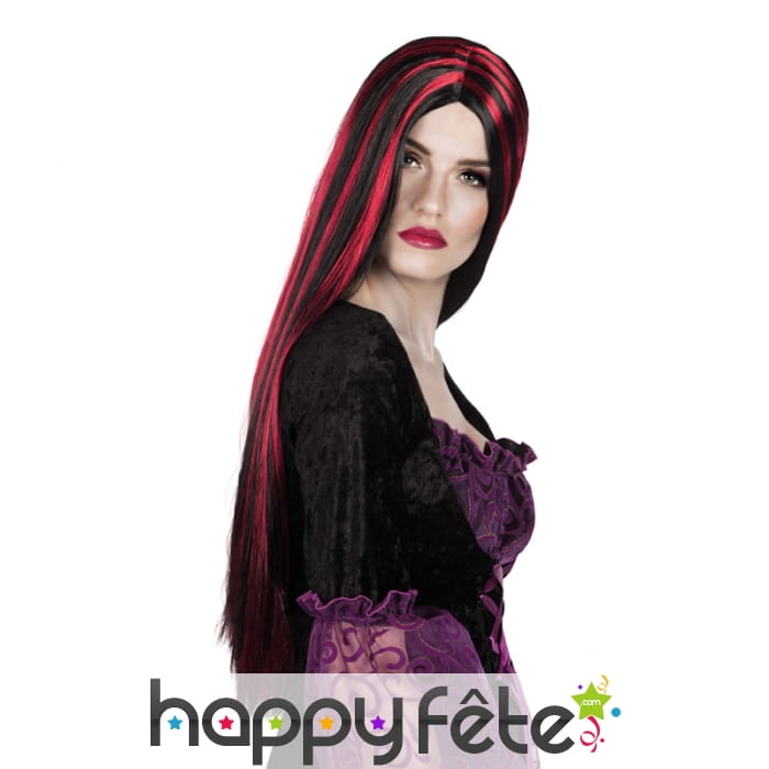 Longue perruque lisse noire avec mèches rouges