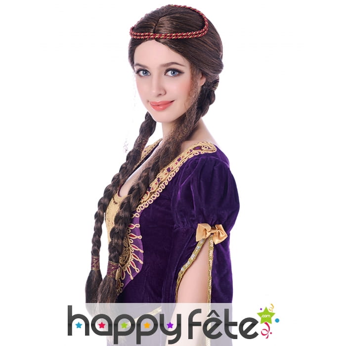 Longue perruque médiévale chatain avec tresses