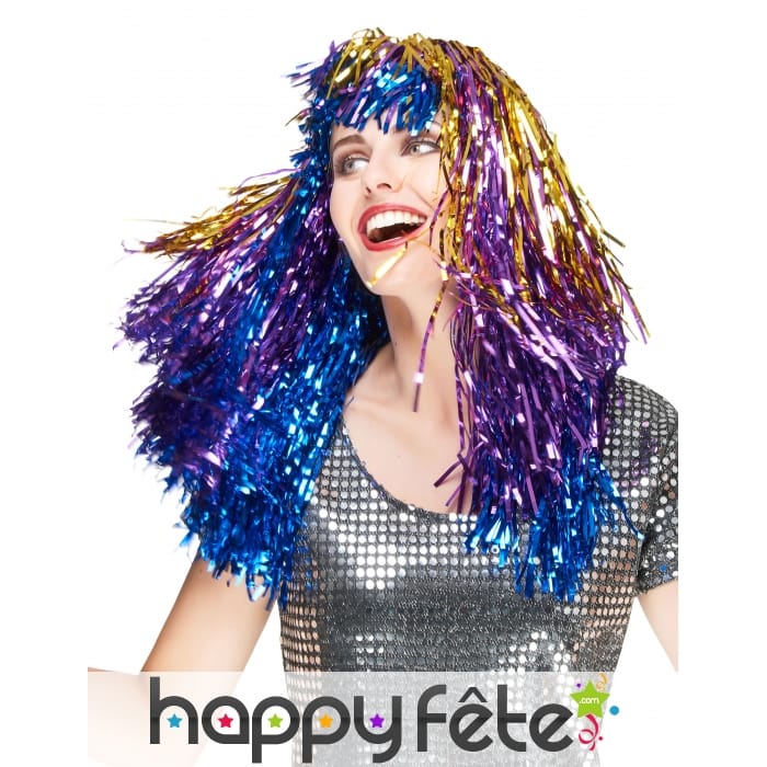 Longue perruque métallique multicolore
