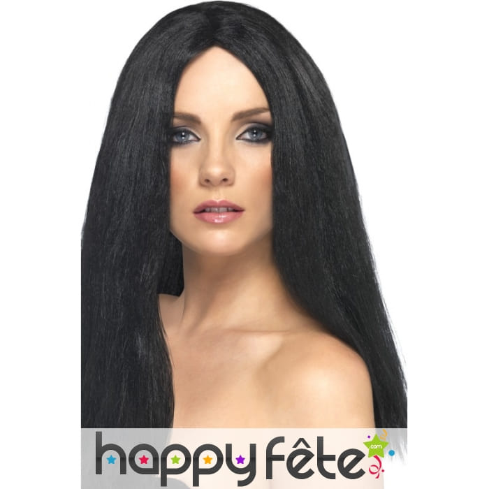 Longue perruque noire à frange, 44cm