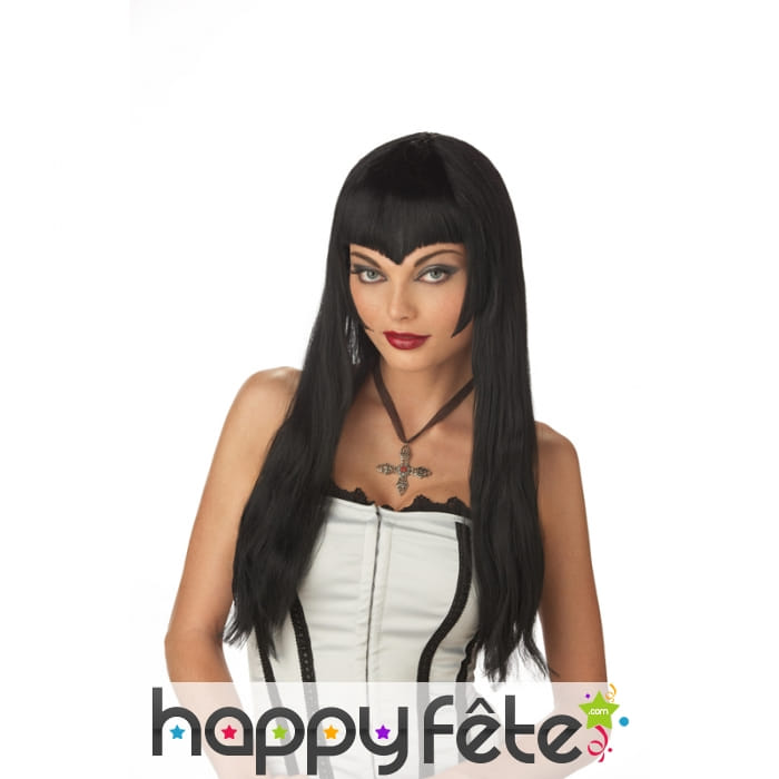 Longue perruque noire avec frange en pointe