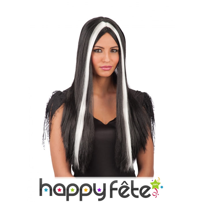 Longue perruque noire avec mèches blanches