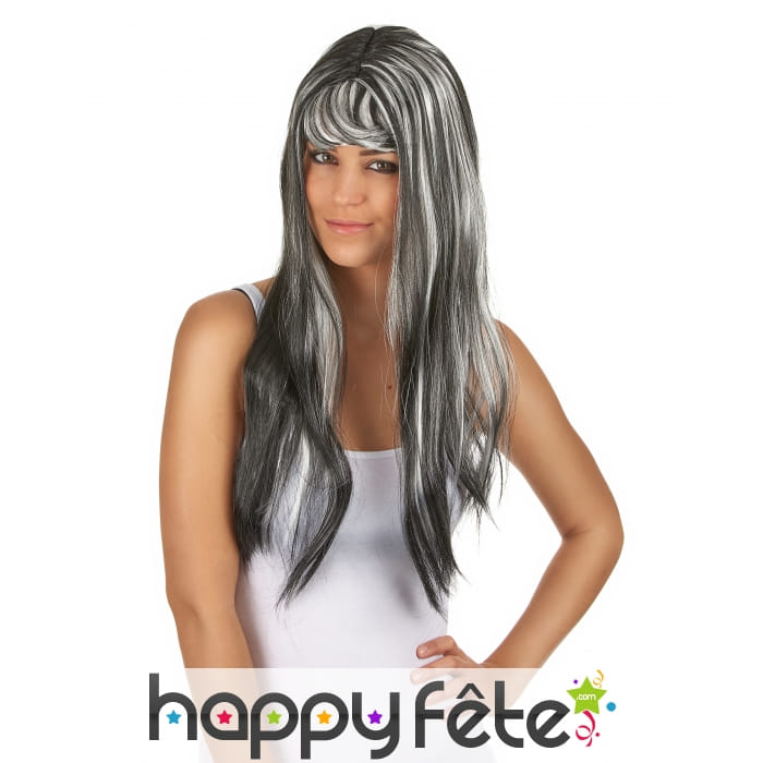 Longue perruque noire balayage blanc