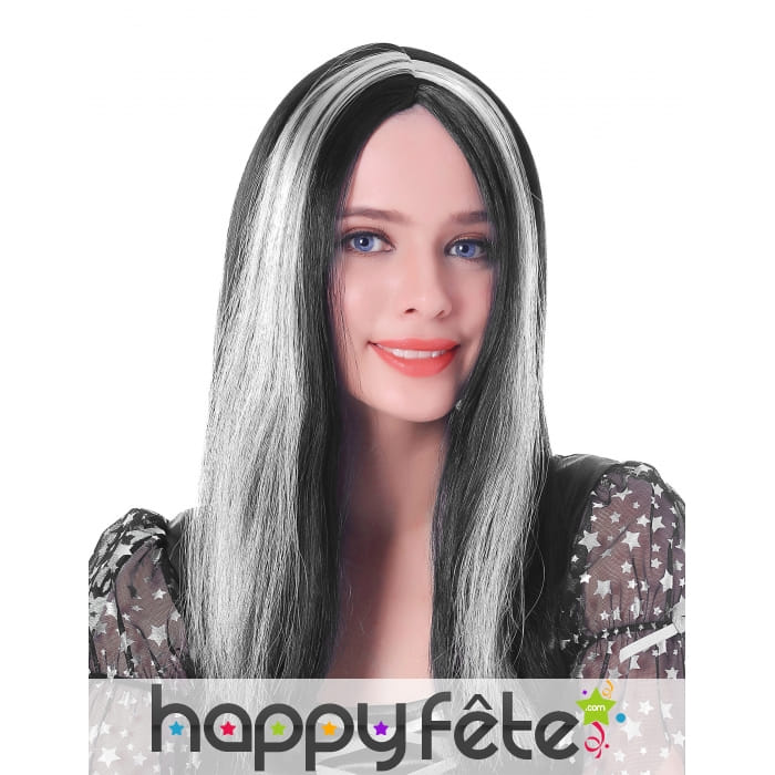 Longue perruque noire et blanche lisse de 45cm