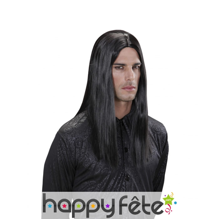 Longue perruque noire lisse avec raie centrale