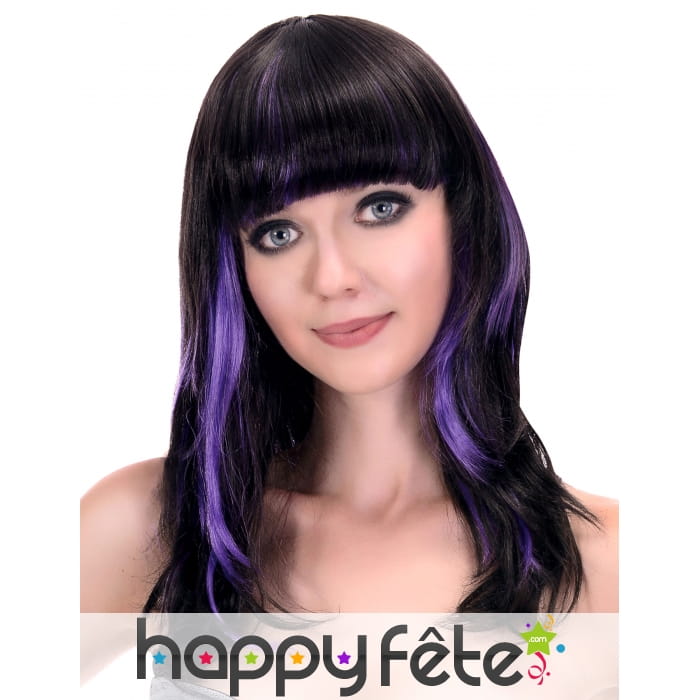 Longue perruque noire mèches violettes