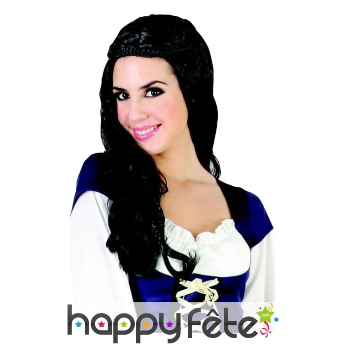 Longue perruque noire médiévale ondulée