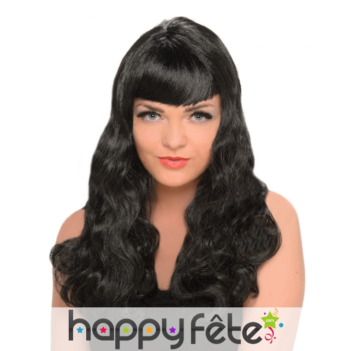 Longue perruque noire ondulée frange droite lisse