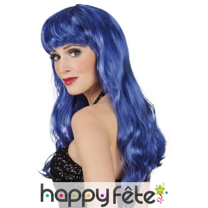 Longue perruque ondulée bleue avec frange