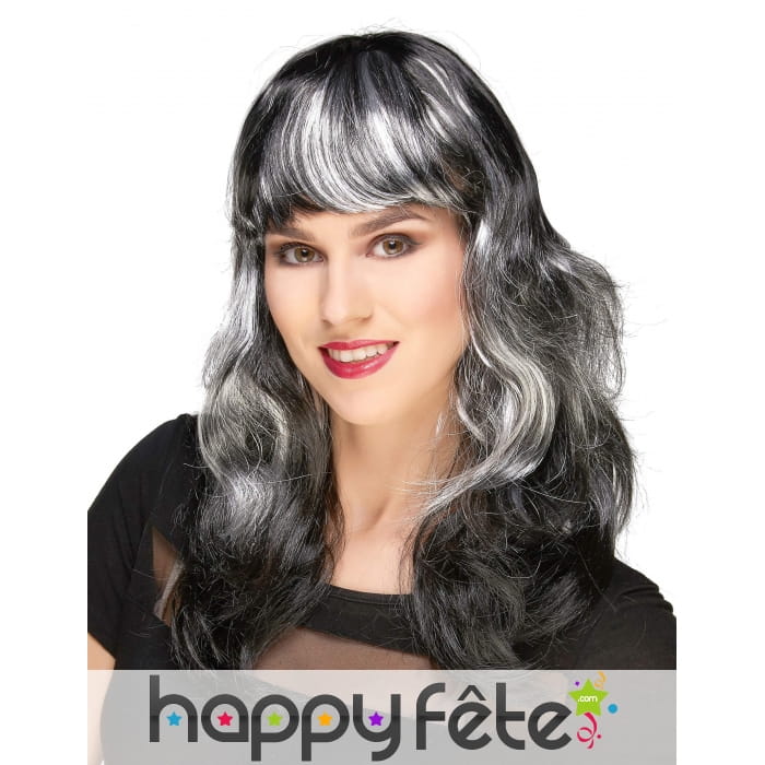 Longue perruque ondulée noire balayage blanc