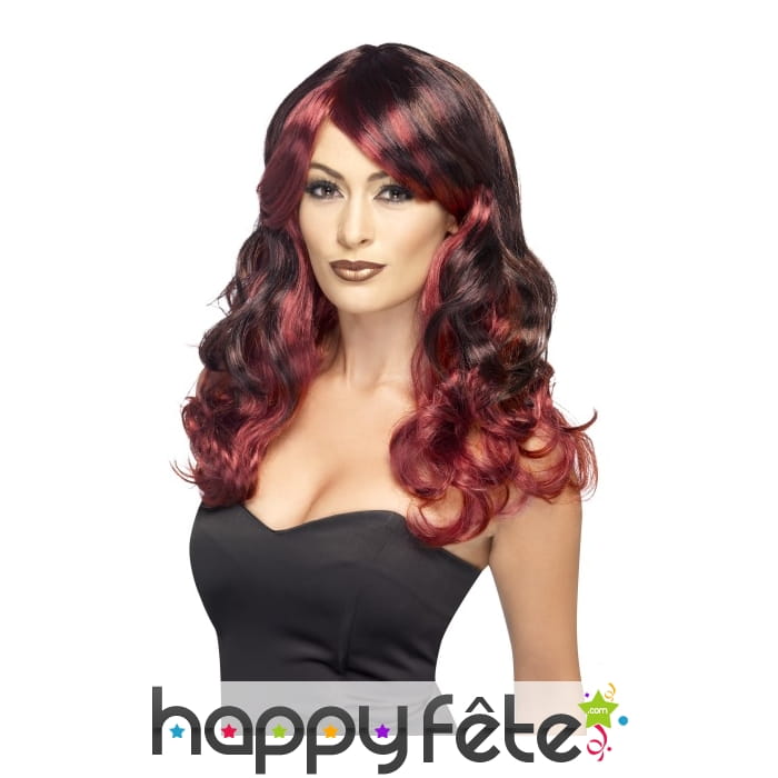 Longue perruque ondulée noire et acajou