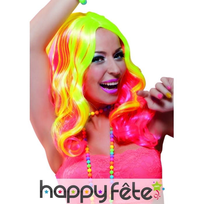 Longue perruque ondulée rose et jaune fluo