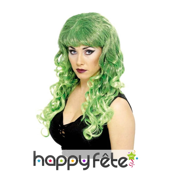 Longue perruque ondulée verte avec mèches noires