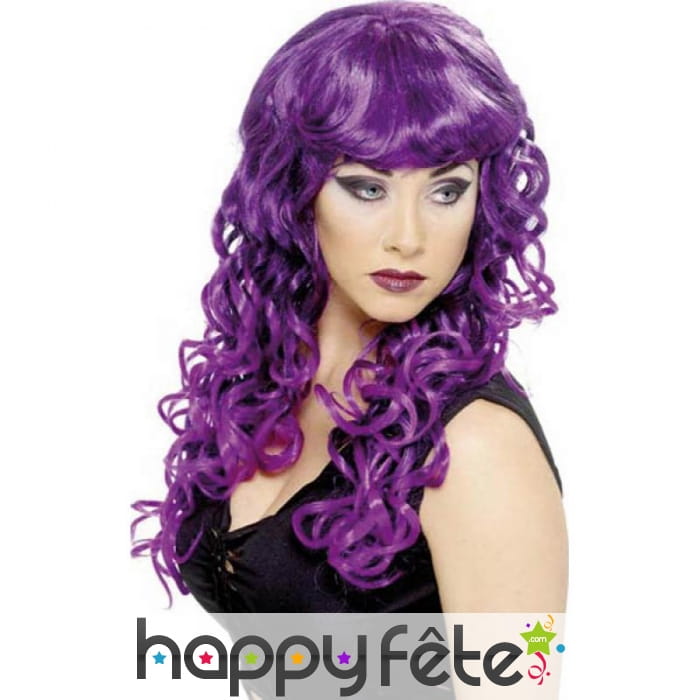 Longue perruque ondulée violette et mèches noires