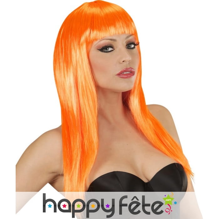 Longue perruque orange lisse à frange droite