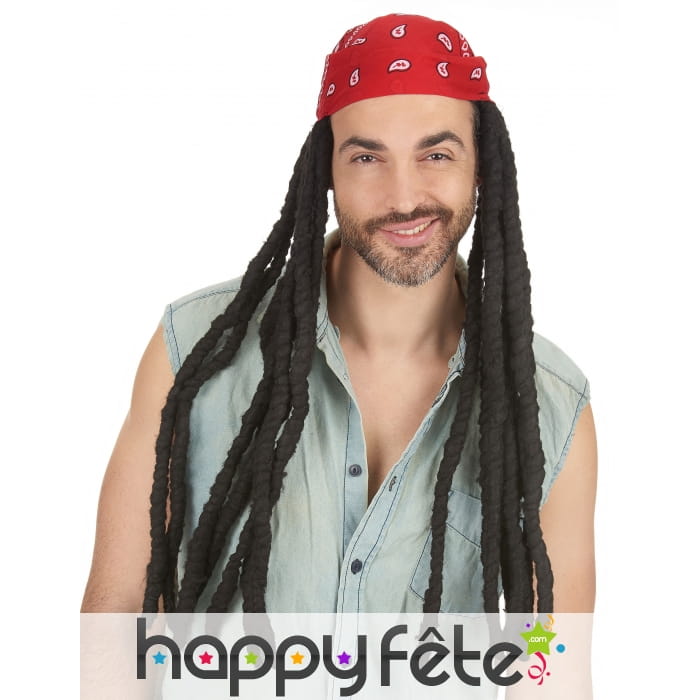 Longue perruque rasta avec bandana rouge, 60cm