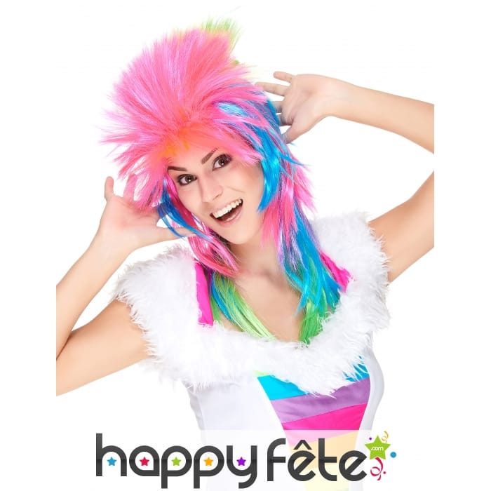 Longue perruque rock star rose et multicolore