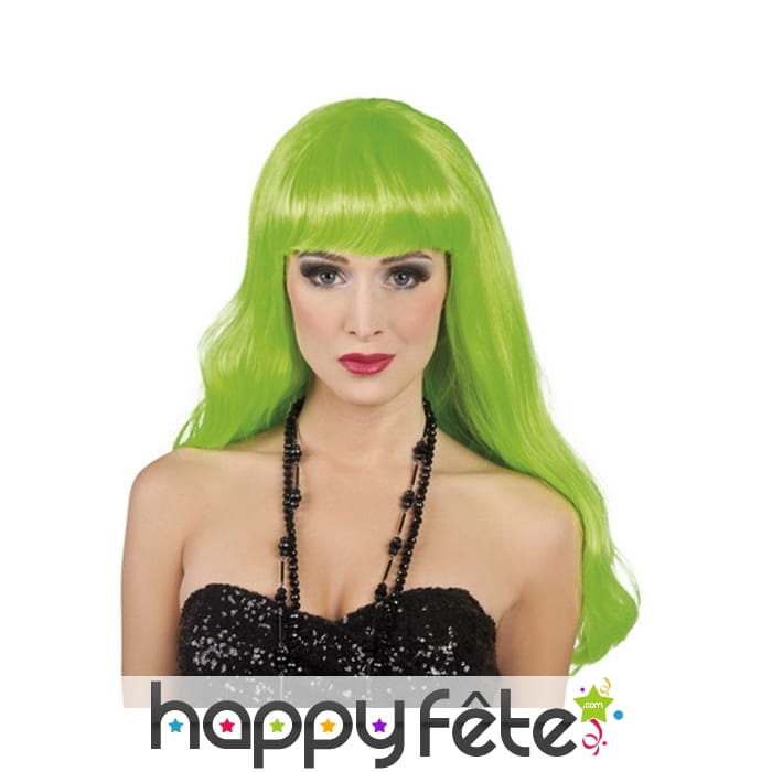 Longue perruque vert fluo ondulée à frange