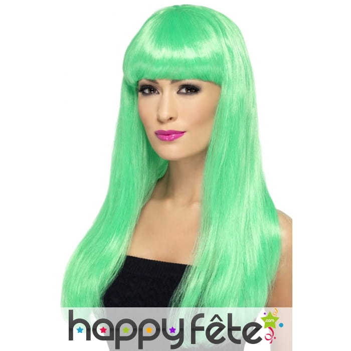 Longue perruque verte lisse avec frange