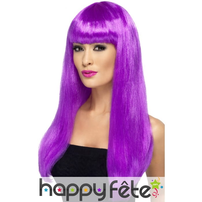 Longue perruque violet fluo lisse et frange