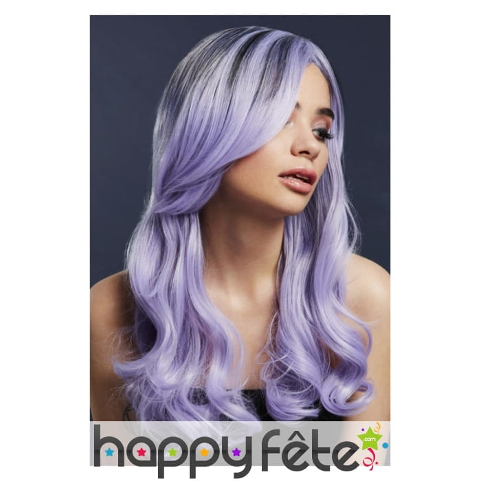 Longue perruque violette ondulée et racines noires