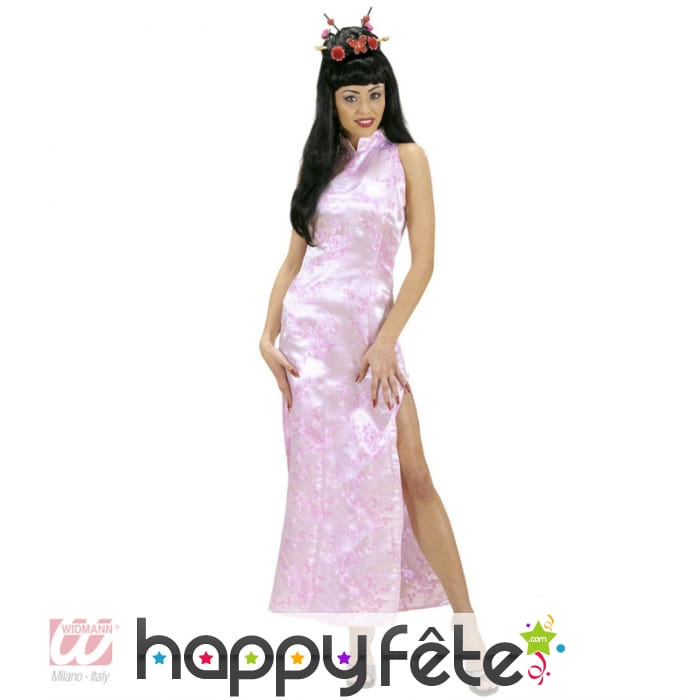 Longue robe chinoise rose pour femme