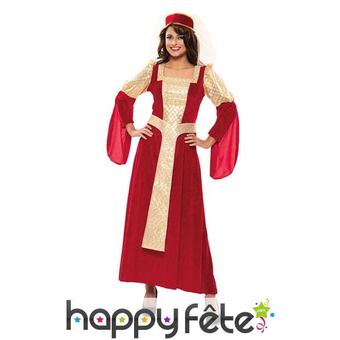Longue robe de reine médiévale rouge et dorée