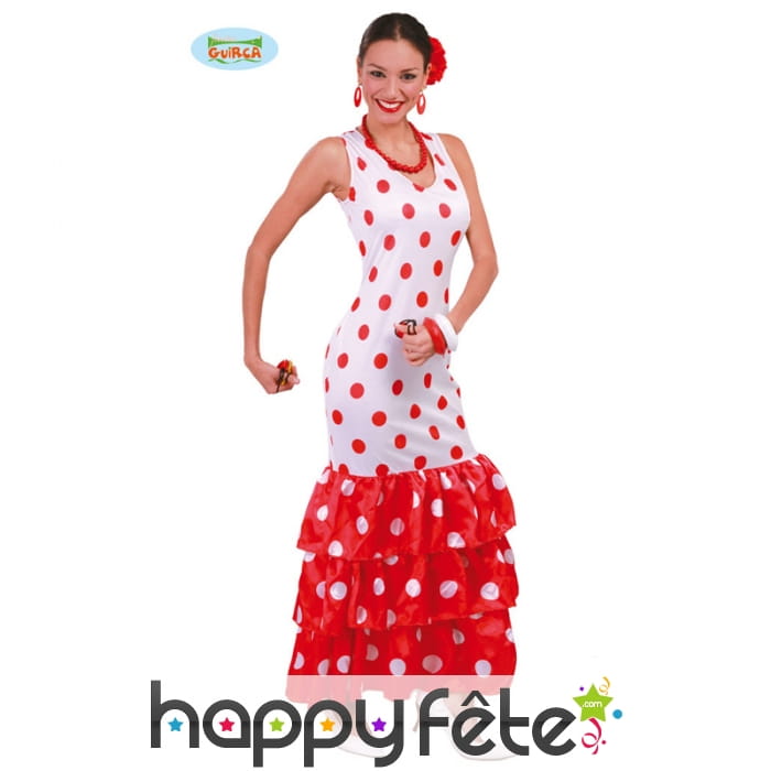Longue robe flamenco blanche et rouge, à pois