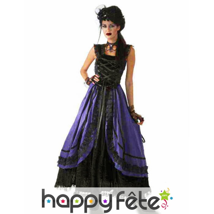 Longue robe gothique noire violette avec dentelles