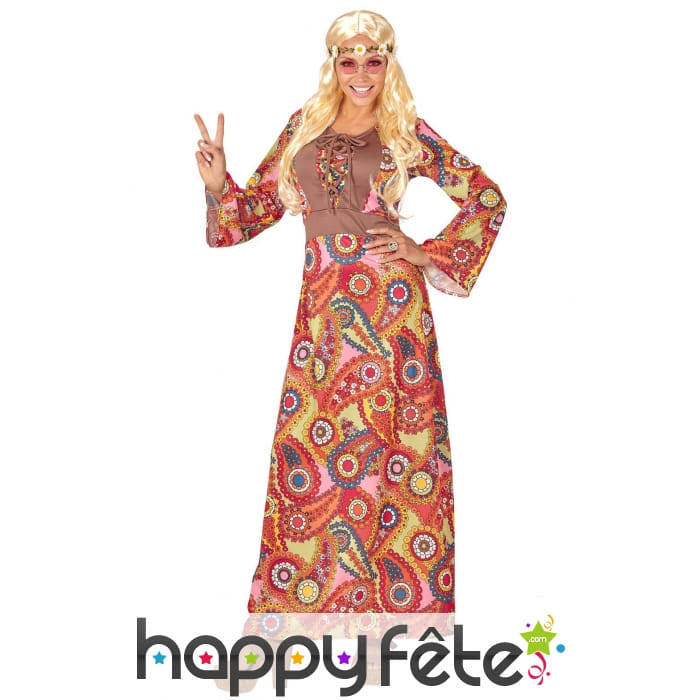 Longue robe hippie multicolore motifs 60's