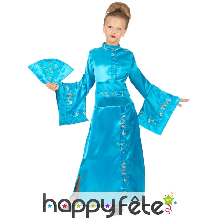 Longue robe kimono bleue asiatique pour enfant