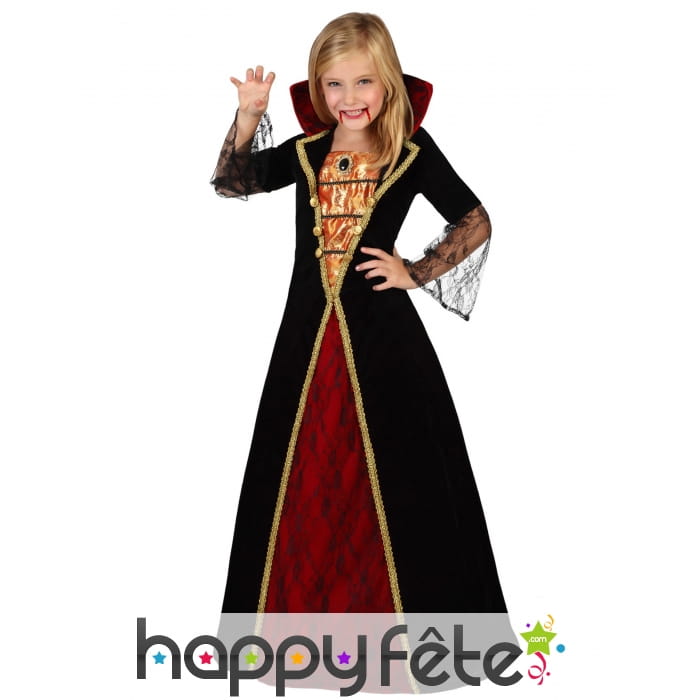 Longue robe noire rouge dorée de fille vampire