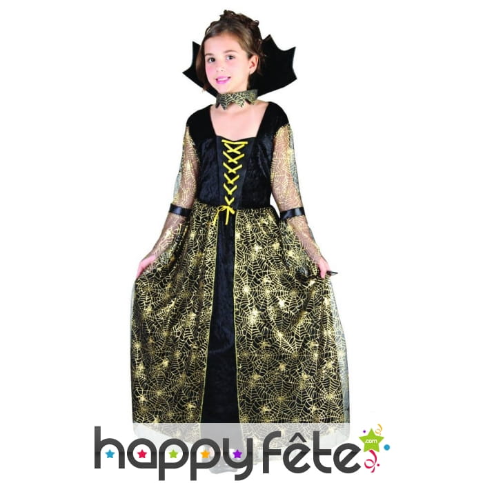 Longue robe noire voile toile d'araignée dorée