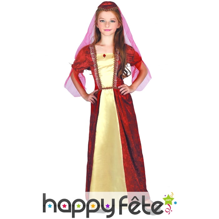 Longue robe rouge et jaune médiévale pour fille
