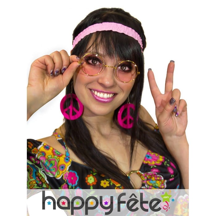 Lunettes, serre tete boucles oreilles rose hippie
