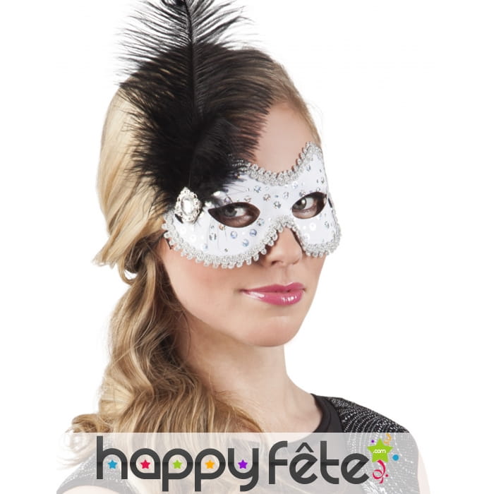 Loup vénitien blanc strass avec plume noire