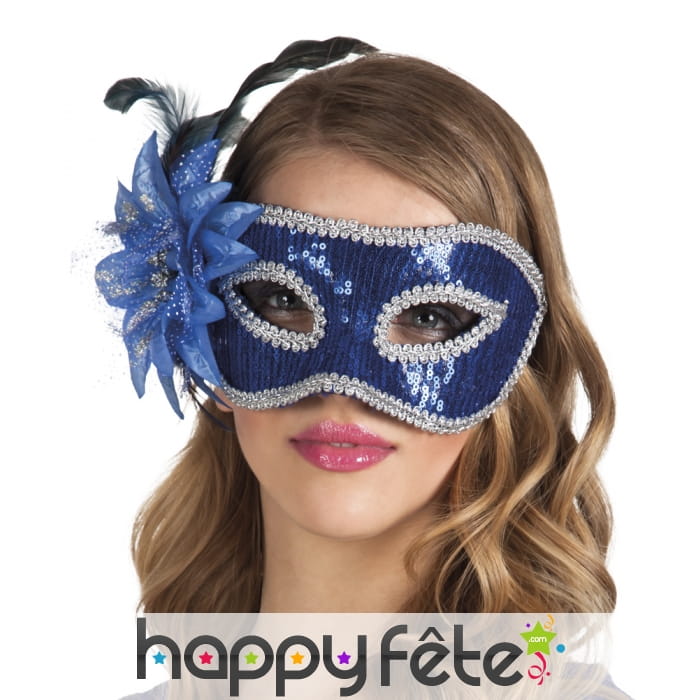 Loup vénitien bleu pailleté et argent avec fleur