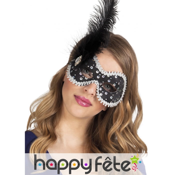 Loup vénitien noir strass avec plume noire