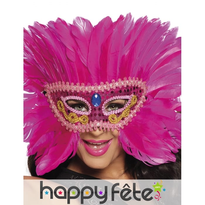 Loup vénitien rose avec plumes et galons dorés