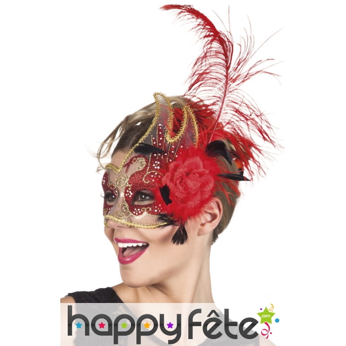 Loup vénitien transparent rouge avec fleur