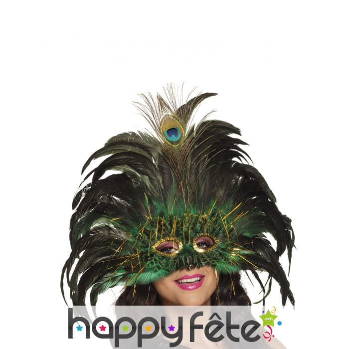 Loup vénitien vert avec plumes de paon pour adulte