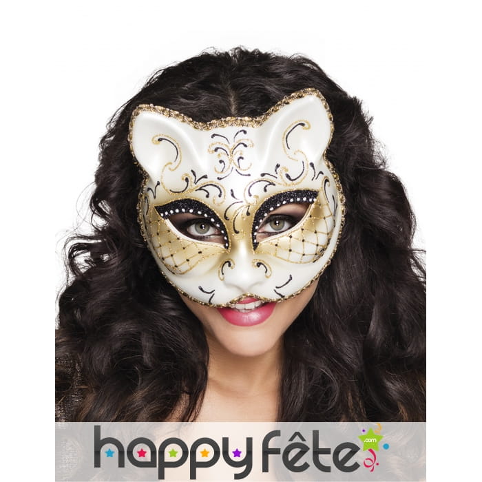 Loup vénitien visage de chat blanc et doré