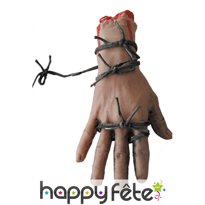 Main coupée dans barbelés