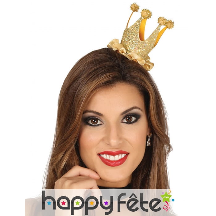 Mini couronne de reine pailletée dorée pour femme