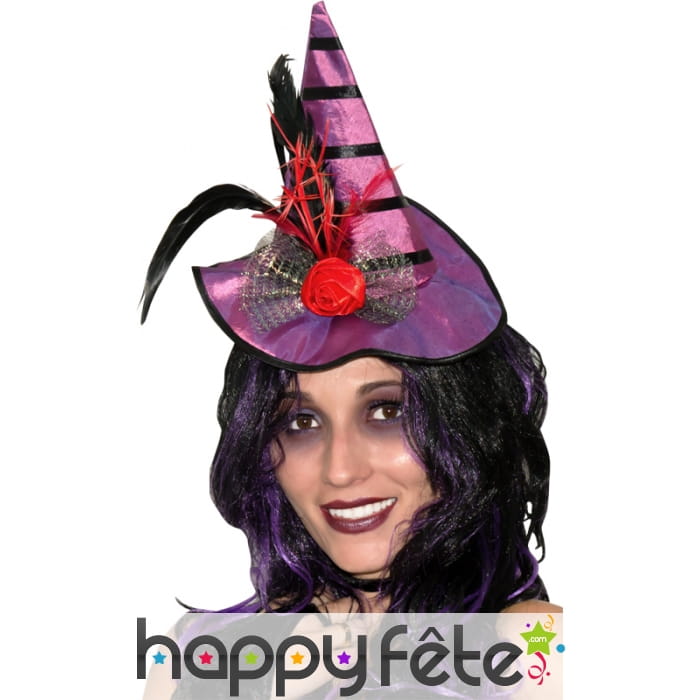 Mini chapeau violet de sorcière plumes et fleurs