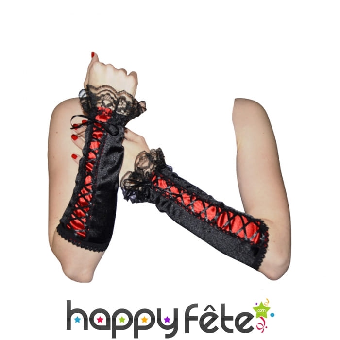 Mitaines d'avant bras rouge et noire en dentelle