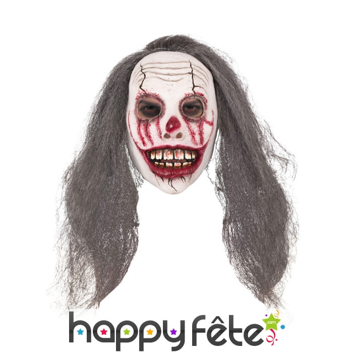 Masque de clown effrayant avec long cheveux gris