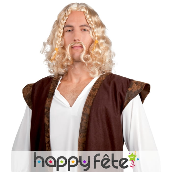 Moustache et perruque blonde ondulée de viking