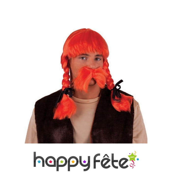 Moustache et perruque orange avec tresses, adulte